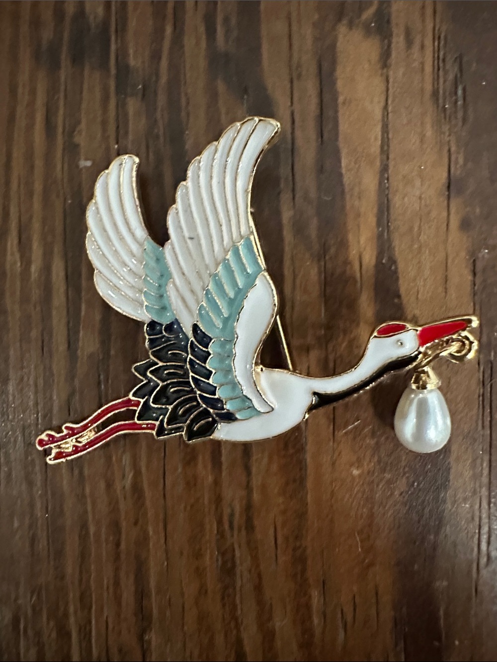 Enamel Stork Bird Pin Brooch in White, Blue, Black and Red with Pearl Accent